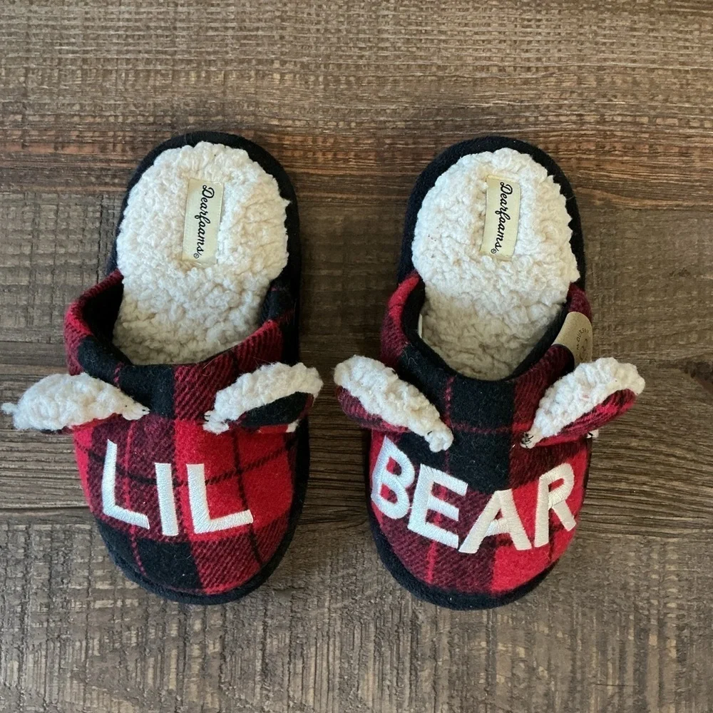 Dearfoams Red Black Plaid Men's Papa Bear Slippers And Kids Lil Bear Slippers